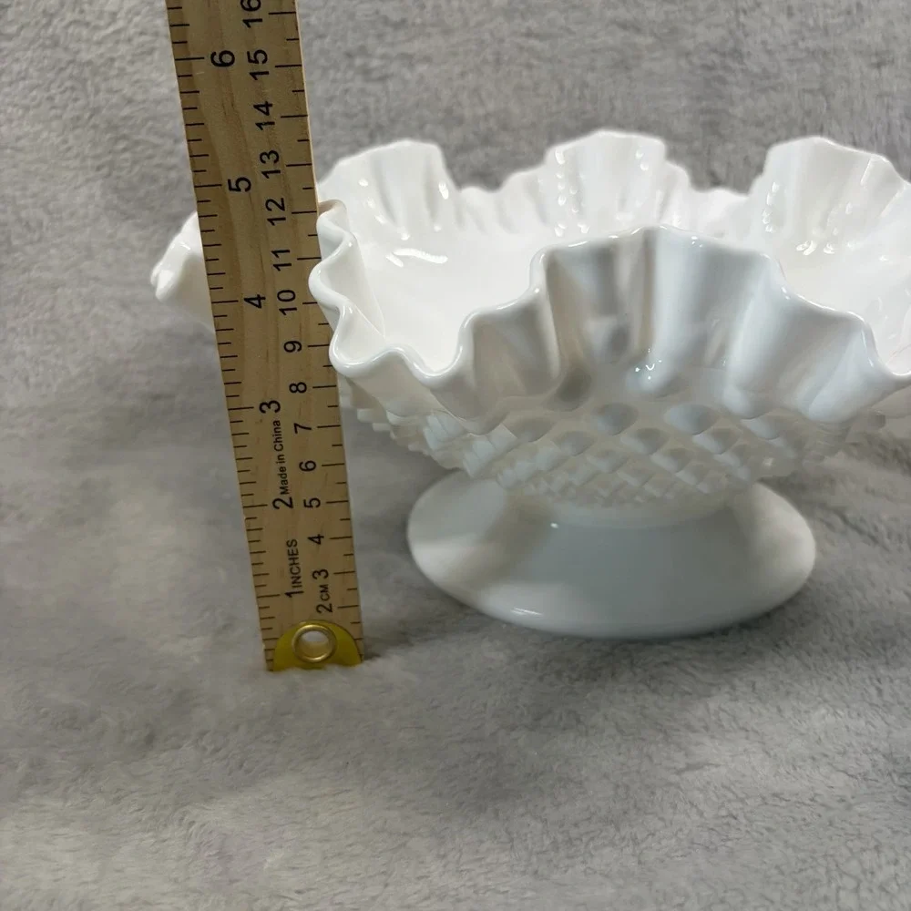 Fenton Style MCM White Hobnail Milk Glass Ruffled Edge Lg Bowl 10.5